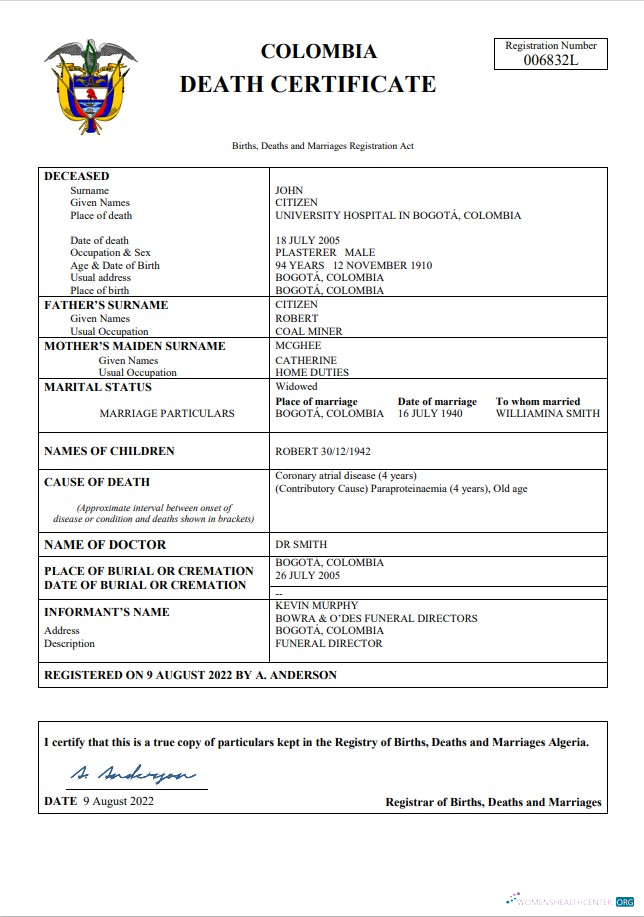 Download Colombia death certificate Word and PDF template Photoshop template